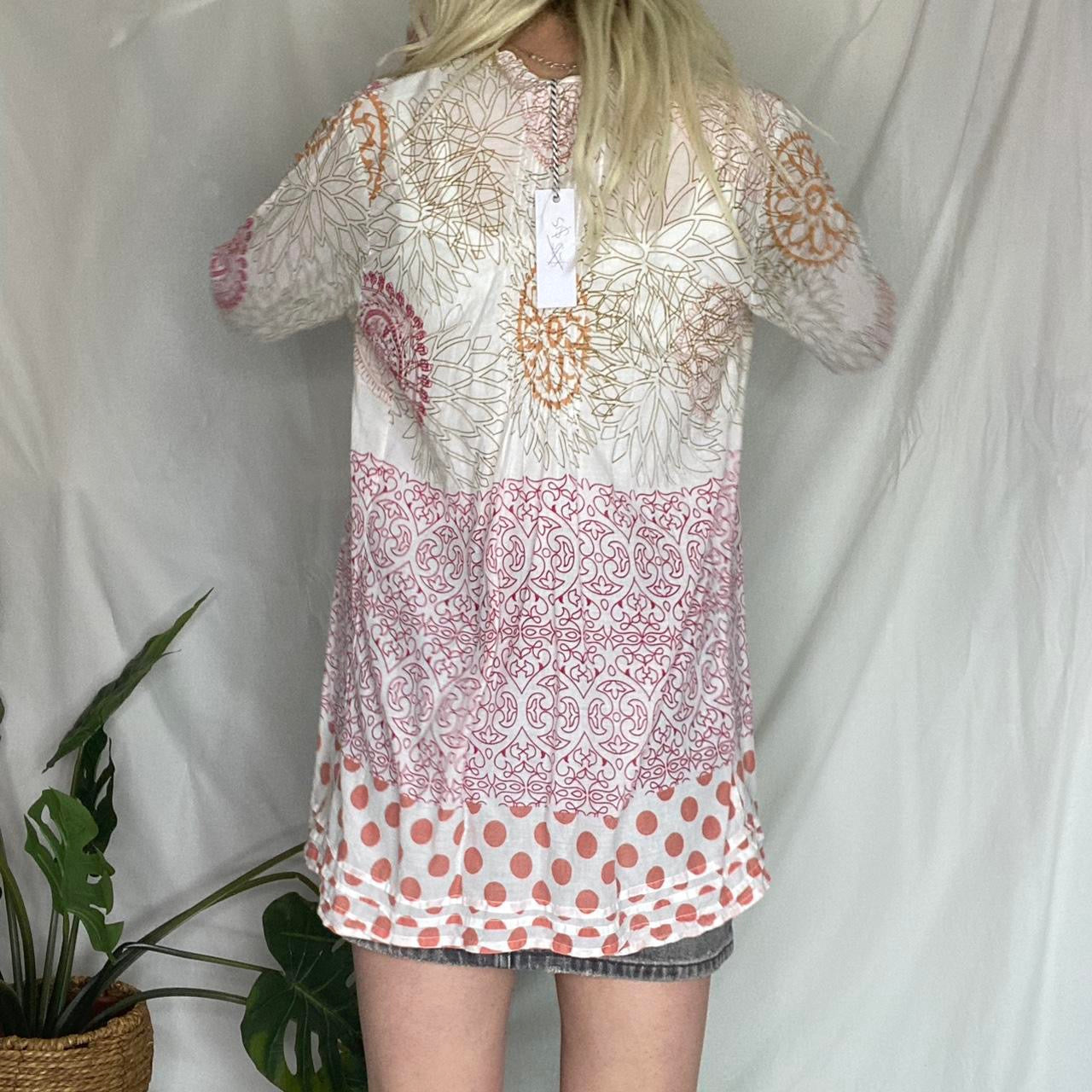 Boho pink and cream paisley print blouse with button up front