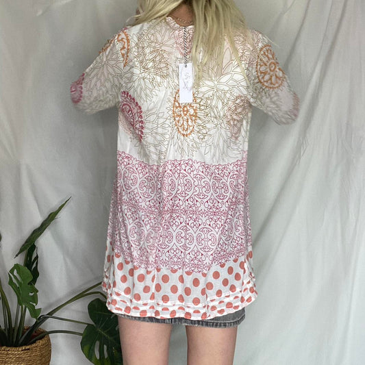 Boho pink and cream paisley print blouse with button up front