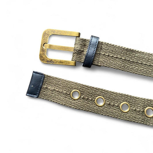 Y2K EDC chunky khaki green army canvas belt with gold buckles