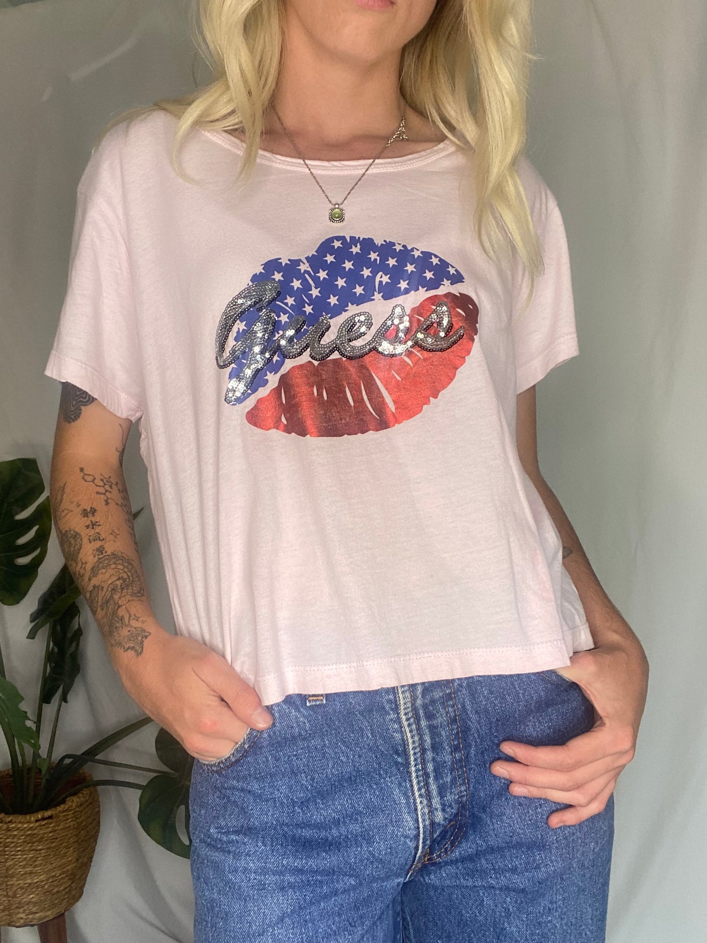 Y2K Guess white cotton top with red and blue lips and American flag design