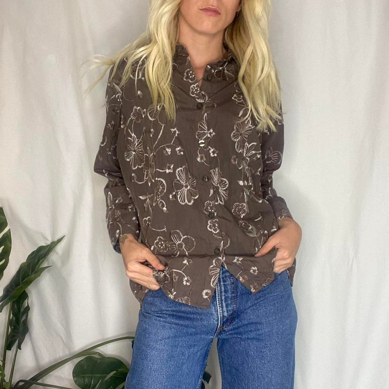 Brown/white embroidered floral button-up shirt