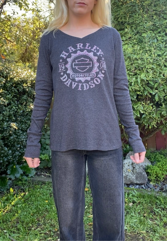 Y2K Harley Davidson Grey/Pink Long-sleeve Top