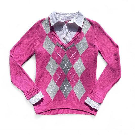 The cutest Pink layered argyle sweater/blouse!