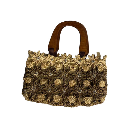 Cute Floral Woven Handbag with wooden handles