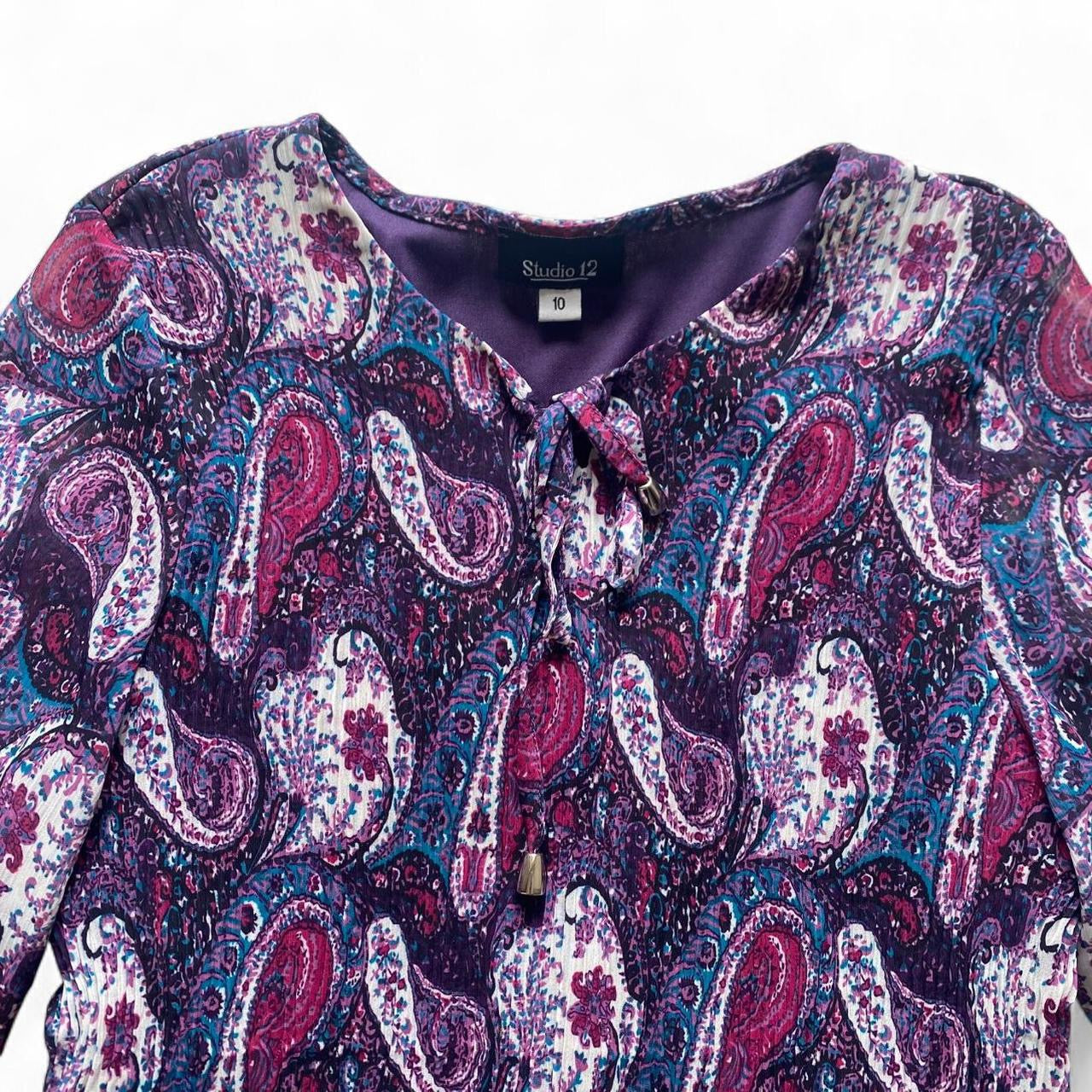 Purple paisley print boho blouse with tie up front