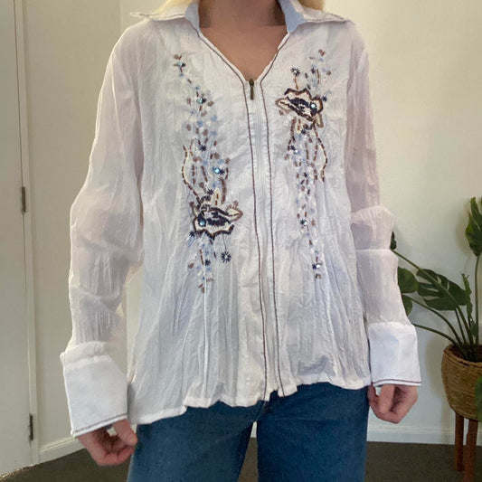 Y2K white ruched zip up blouse with amazing beading