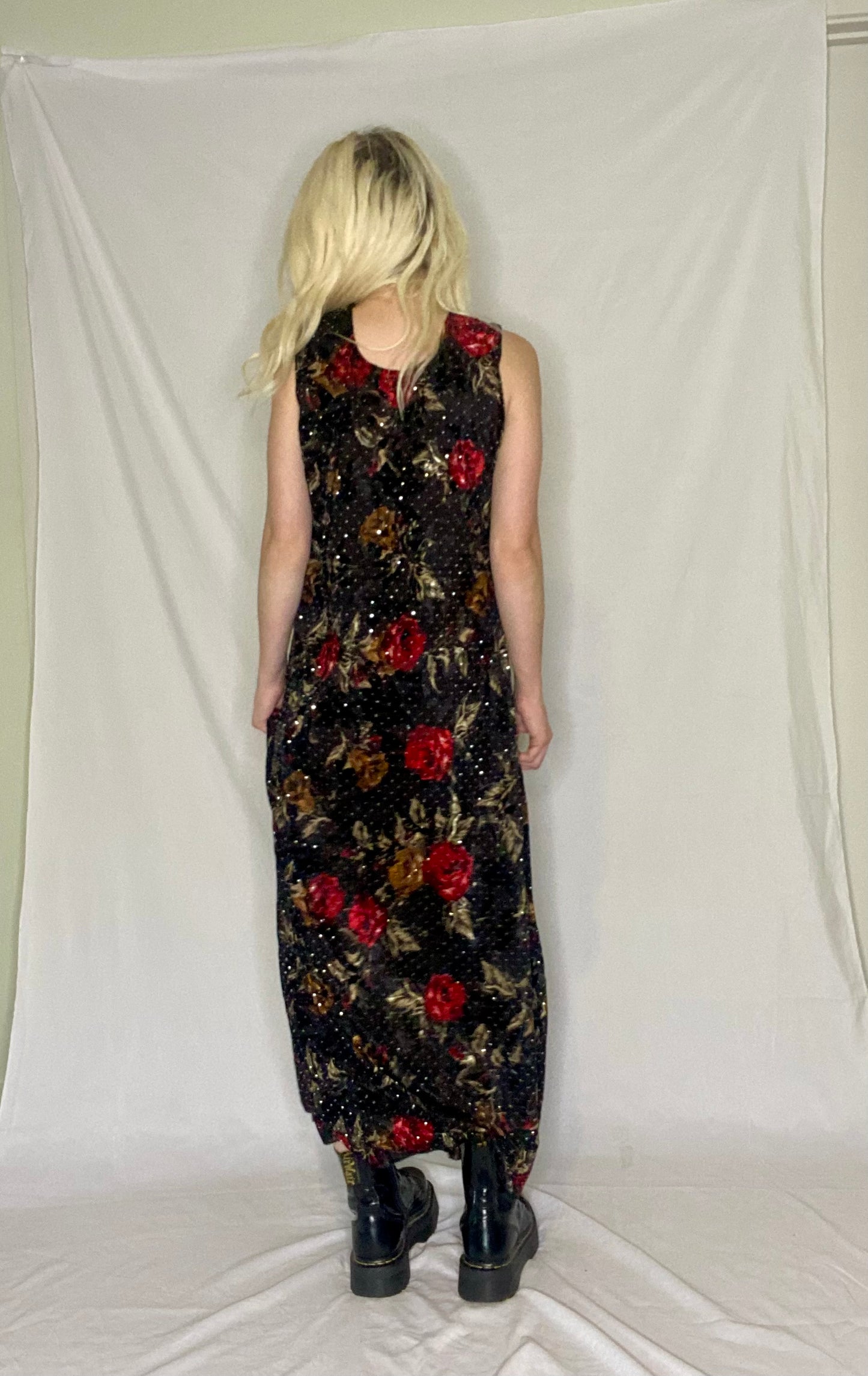 Stunning 90s Black floral sequin maxi dress