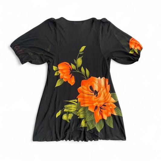00s mesh Black mini dress with orange floral print