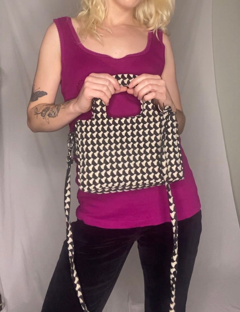 Vintage Black & white print fabric crossbody mini bag