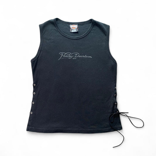 Black Harley Davidson lace-up tank top with cool eyelets