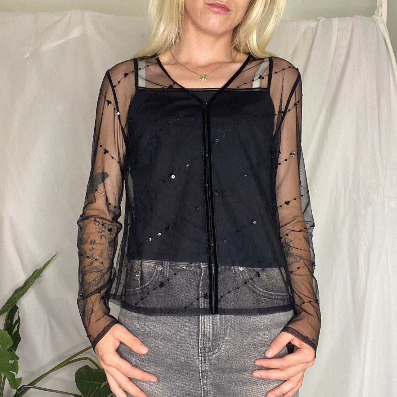 Y2K Sparkly black mesh sequin blouse