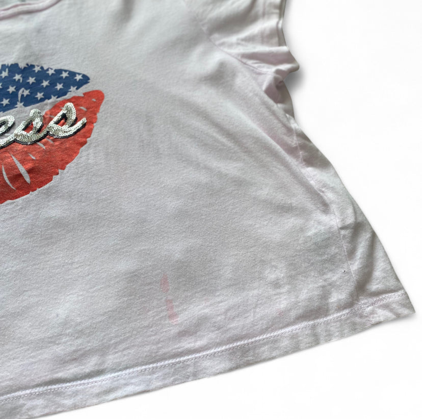 Y2K Guess white cotton top with red and blue lips and American flag design