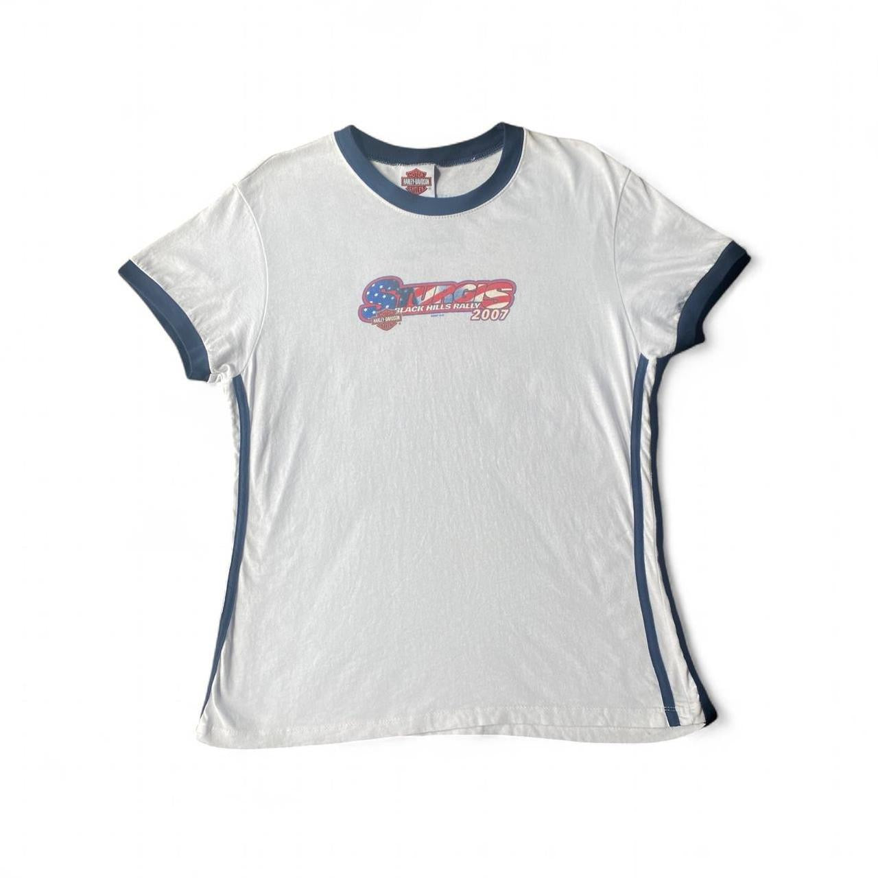 White and blue vintage 2007 Harley Davidson ringer tee