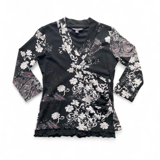 Y2K Black and grey floral mesh 3/4 top