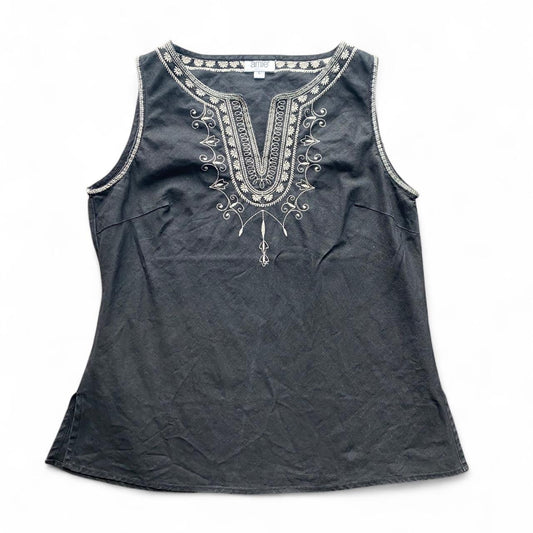 Y2K black linen tank with white embroidery