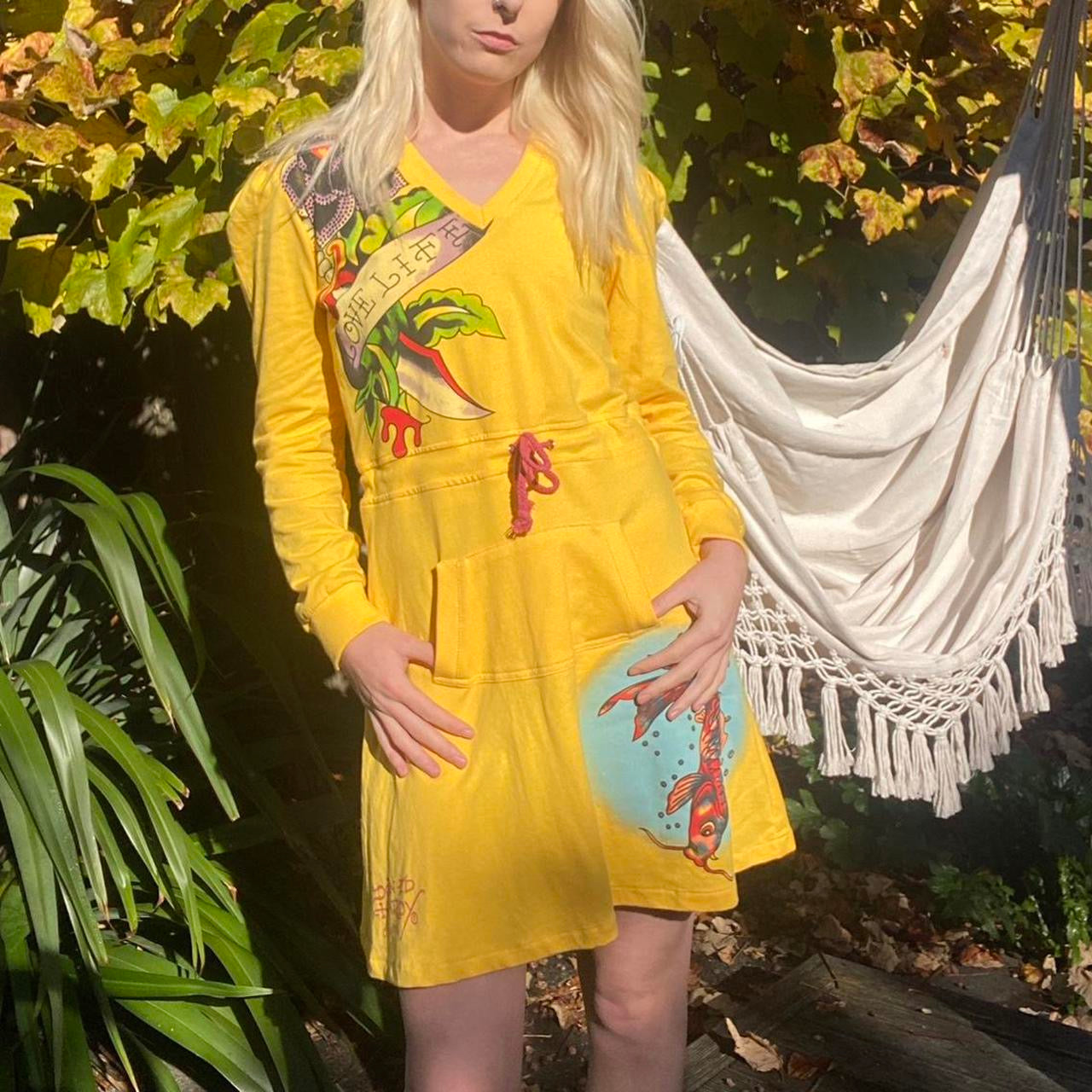 Y2K Ed Hardy iconic yellow tattoo hooded mini dress