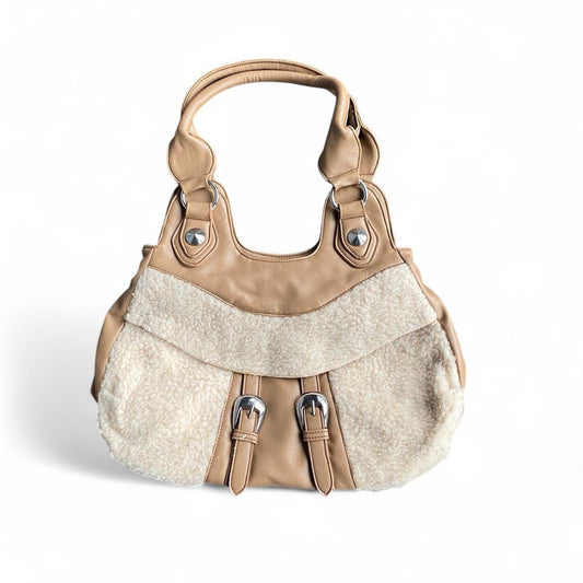 Y2K Tan wool shoulder bag with silver hardware