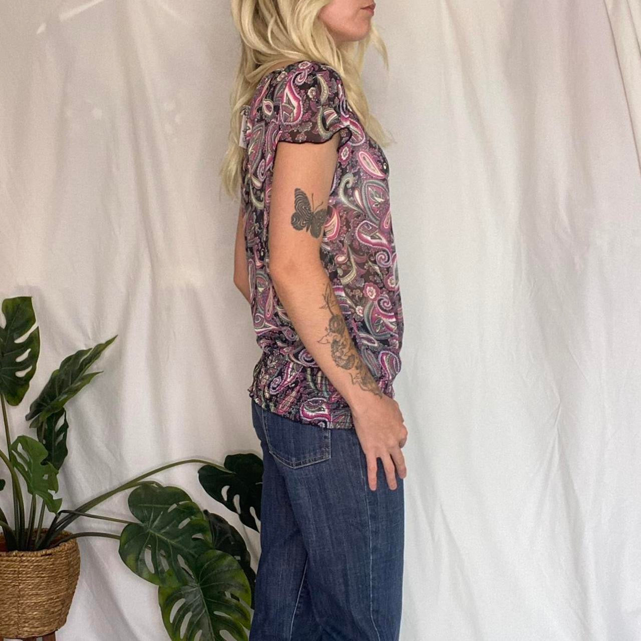 Y2K pink/purple paisley print chiffon top