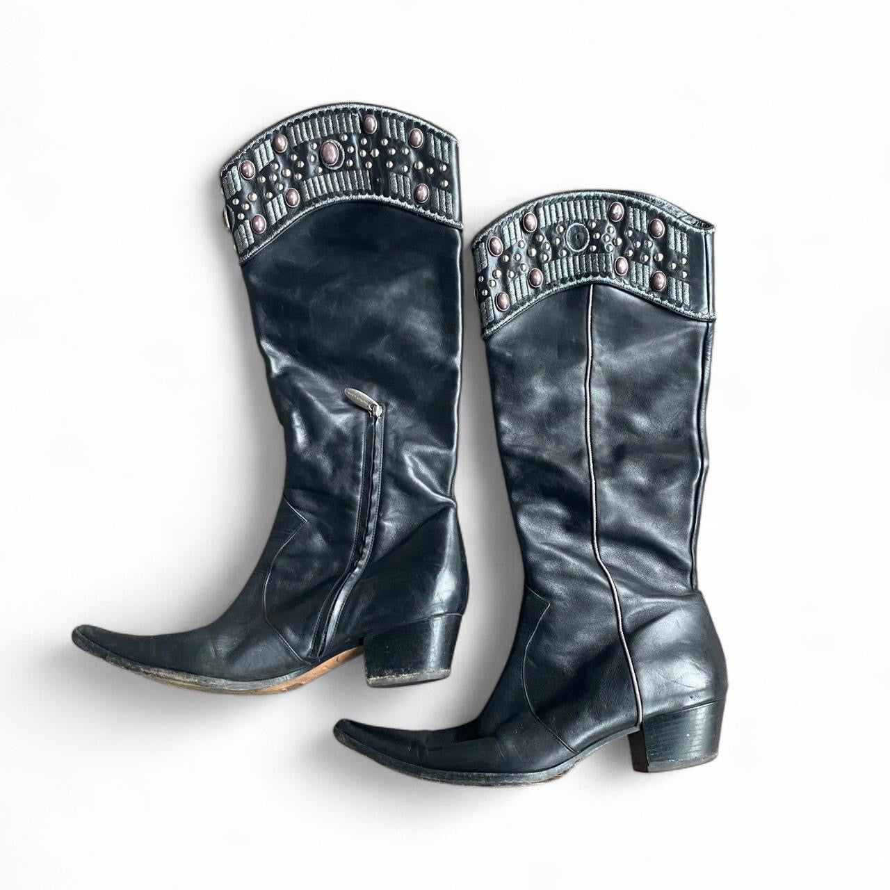 Genuine Vintage Italian Black leather knee high cowgirl boots!!