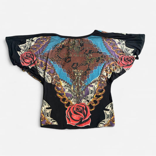 Insane Y2K Christian Audigier graphic rose print top