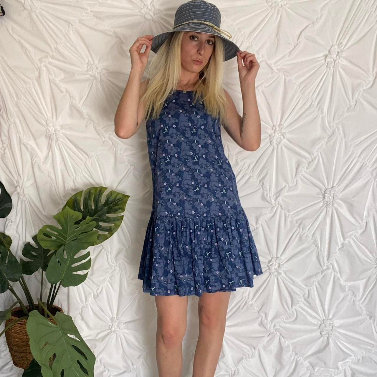Blue floral printed mini dress with ruffle hem