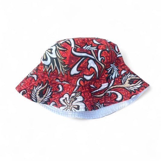 Cool 00s style red Hawaiian print bucket hat