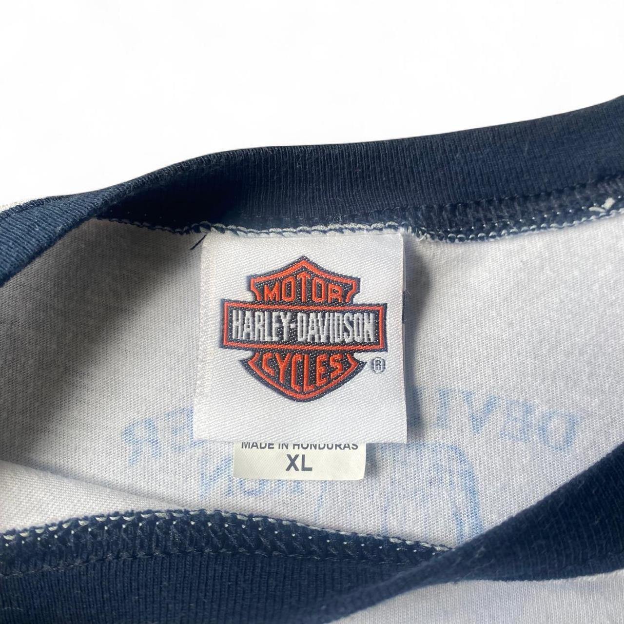 White and blue vintage 2007 Harley Davidson ringer tee