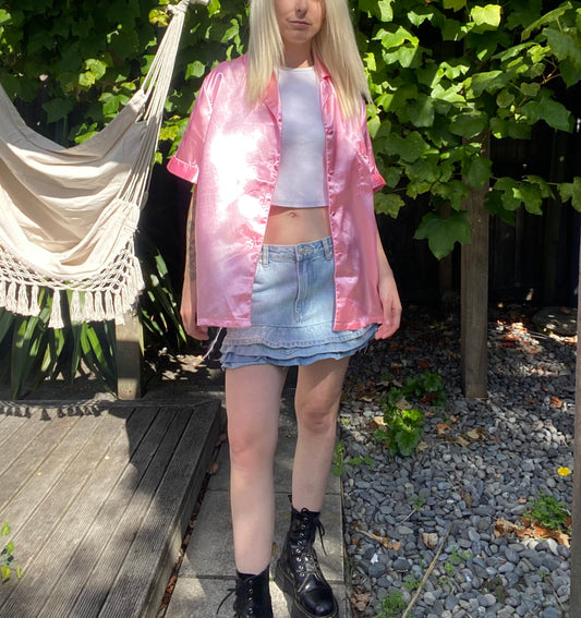 Retro Pink satin button-up shirt