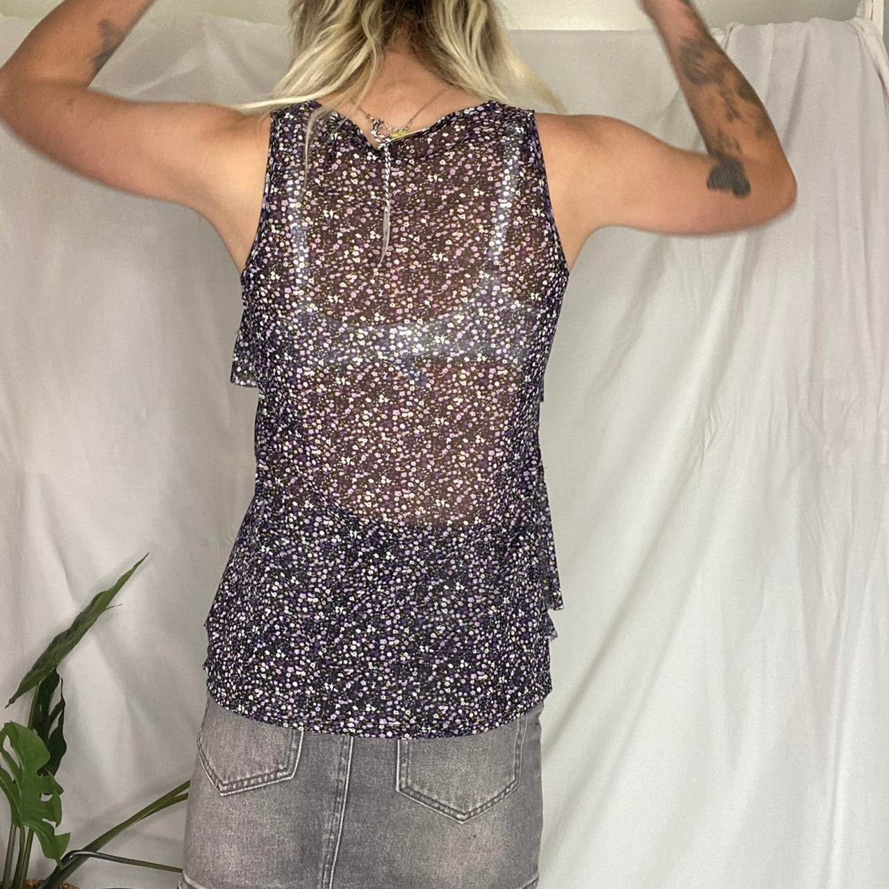 Y2K purple floral ruffle mesh top