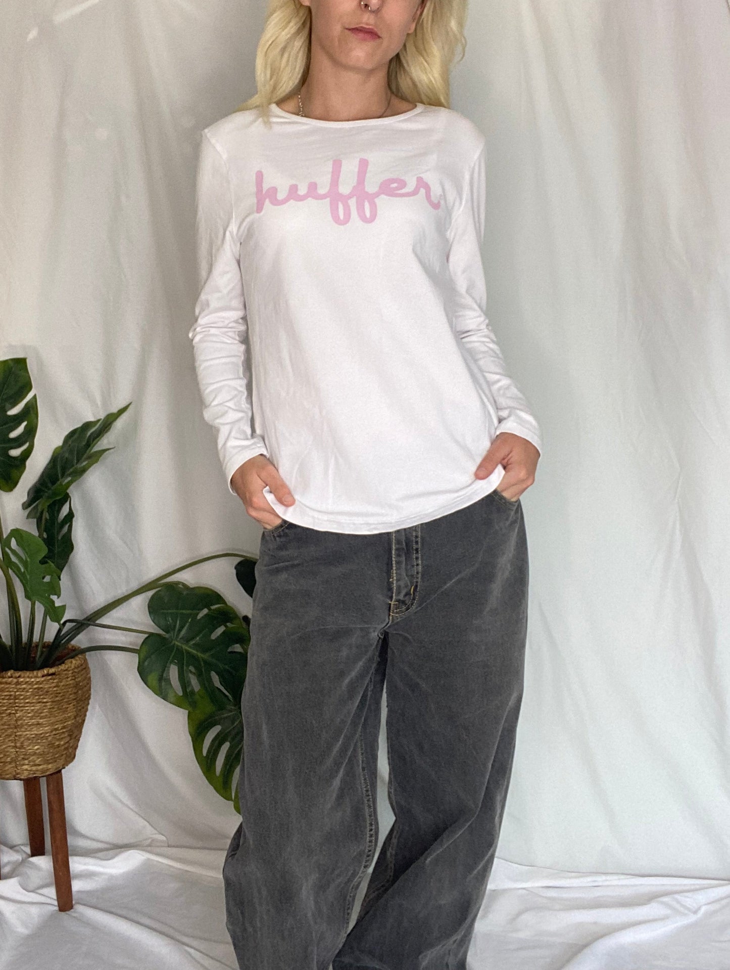 Huffer white long sleeve top with pink logo