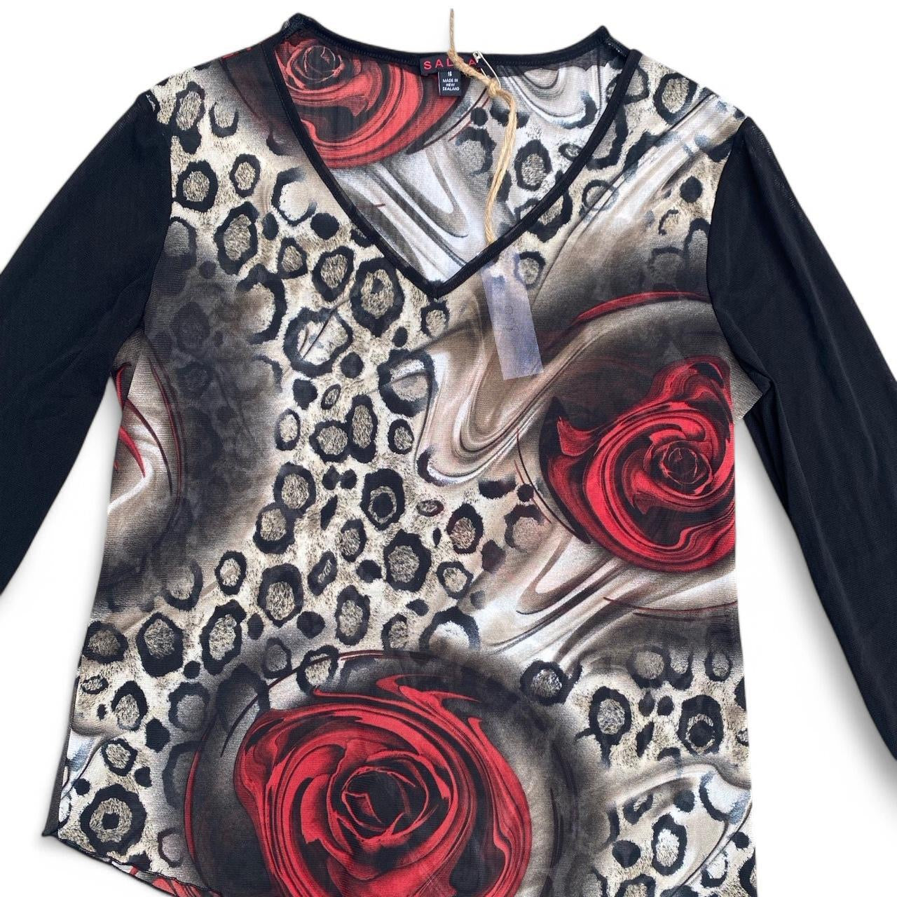 Cool 00s Rose and Leopard Print Asymmetrical Top
