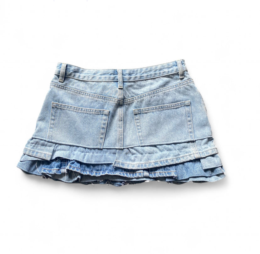 Blue denim 37 Threads reworked mini skirt with ruffles