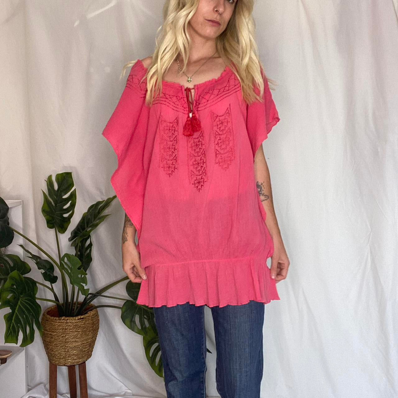Y2K pink boho embroidery flowy top