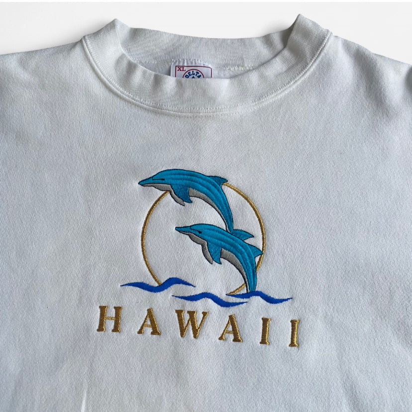 White vintage 90s embroidered Hawaii dolphin crewneck sweatshirt