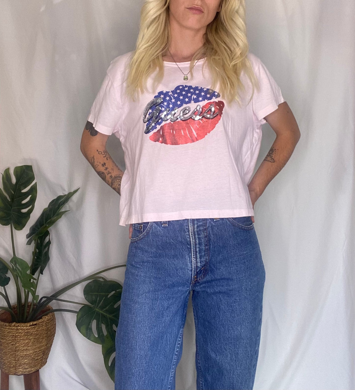 Y2K Guess white cotton top with red and blue lips and American flag design