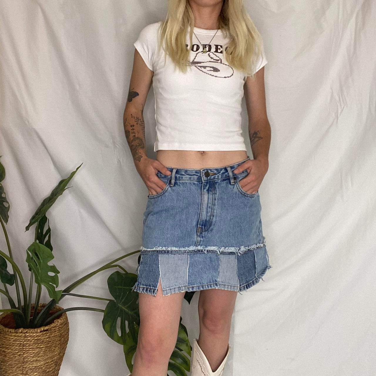 Reworked denim mini pleated style skirt