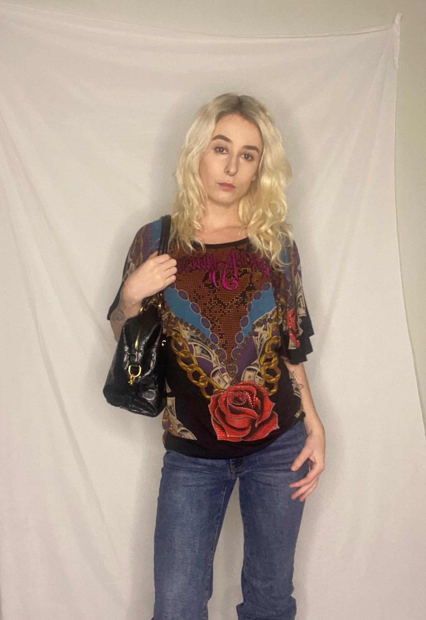 Insane Y2K Christian Audigier graphic rose print top