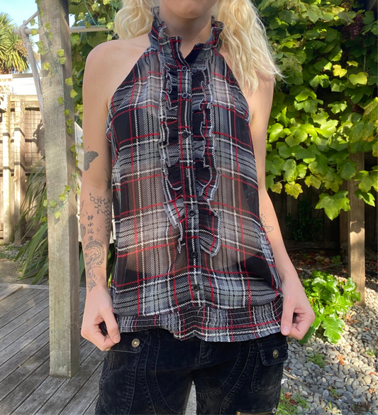 00s Black and red plaid halter top with ruffles
