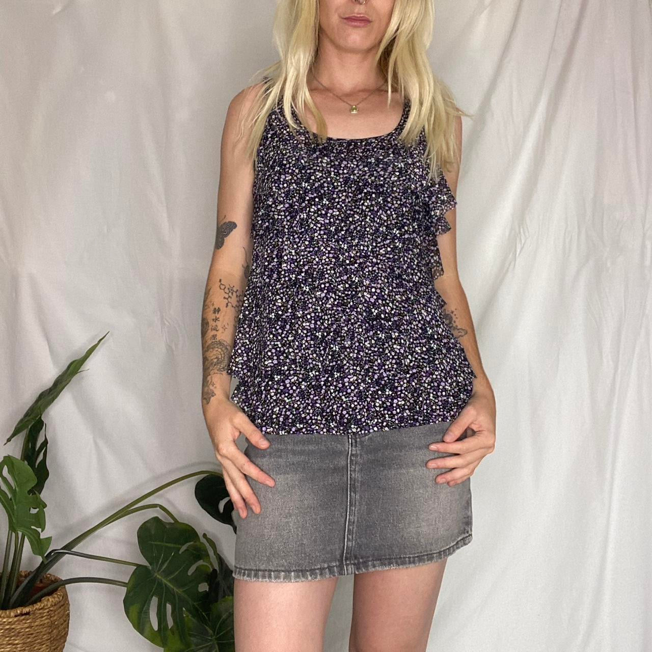 Y2K purple floral ruffle mesh top