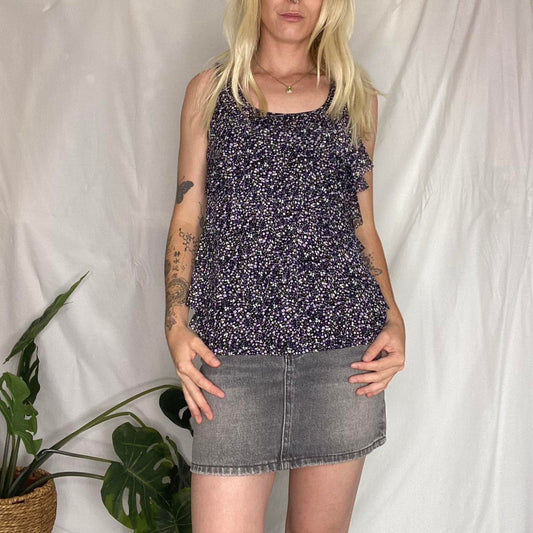 Y2K purple floral ruffle mesh top
