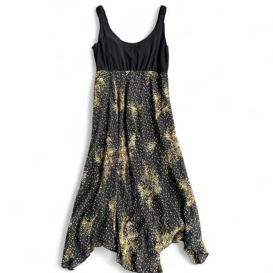 Y2K Black and gold star print asymmetrical midi dress