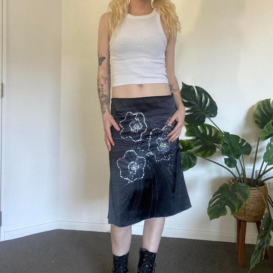 90s Black satin skirt with floral sequin details