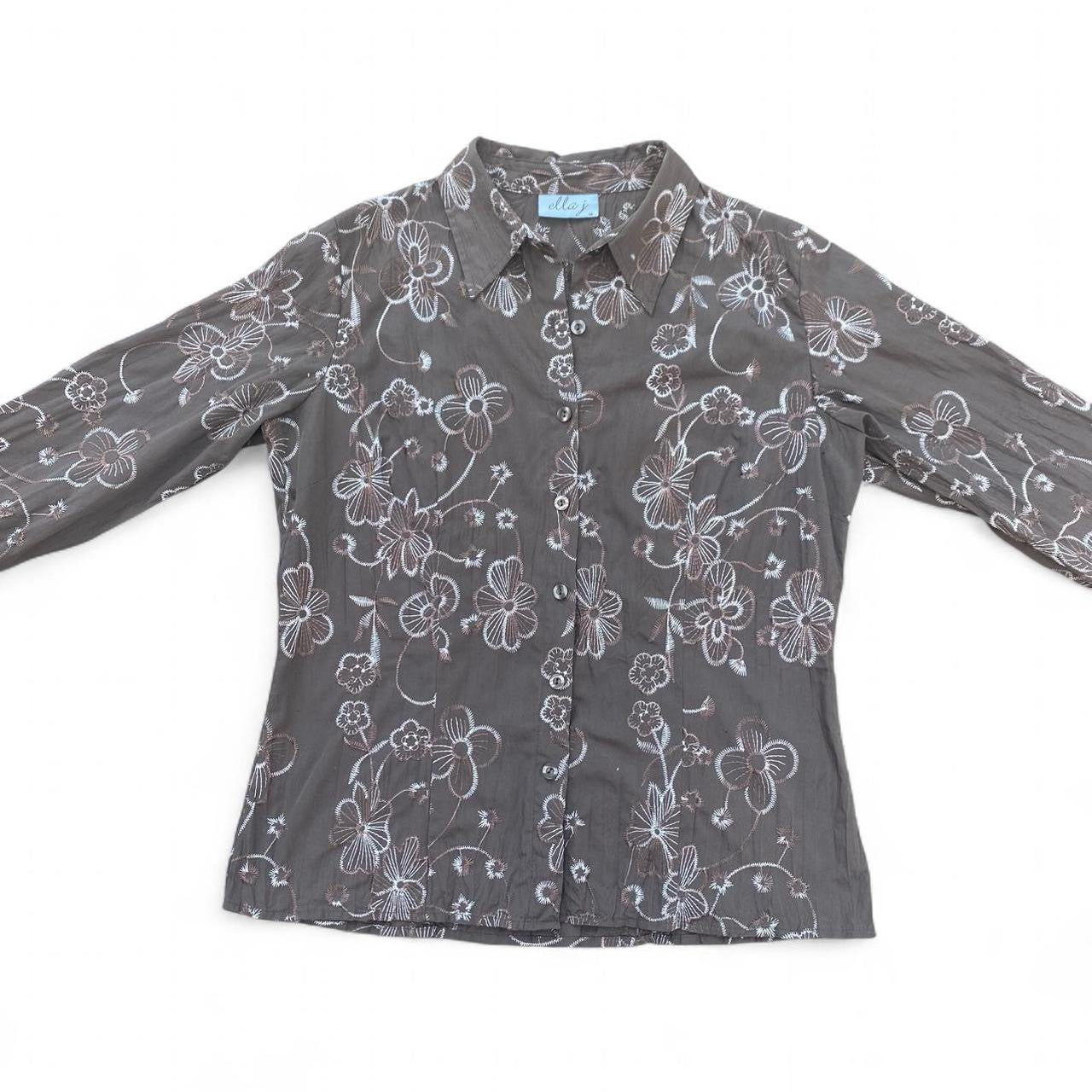 Brown/white embroidered floral button-up shirt