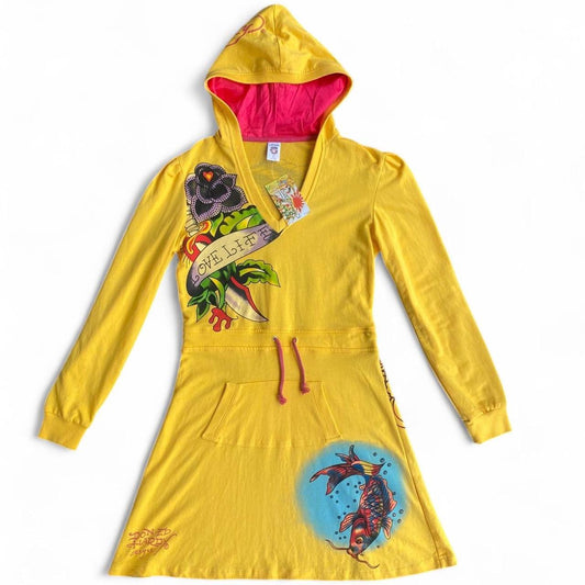 Y2K Ed Hardy iconic yellow tattoo hooded mini dress