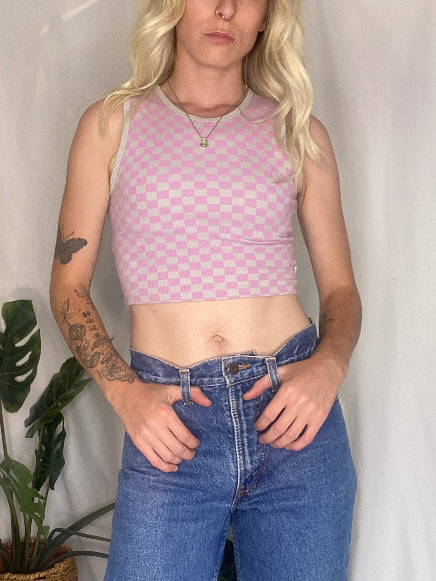 Pink and grey Afends checkered tank top