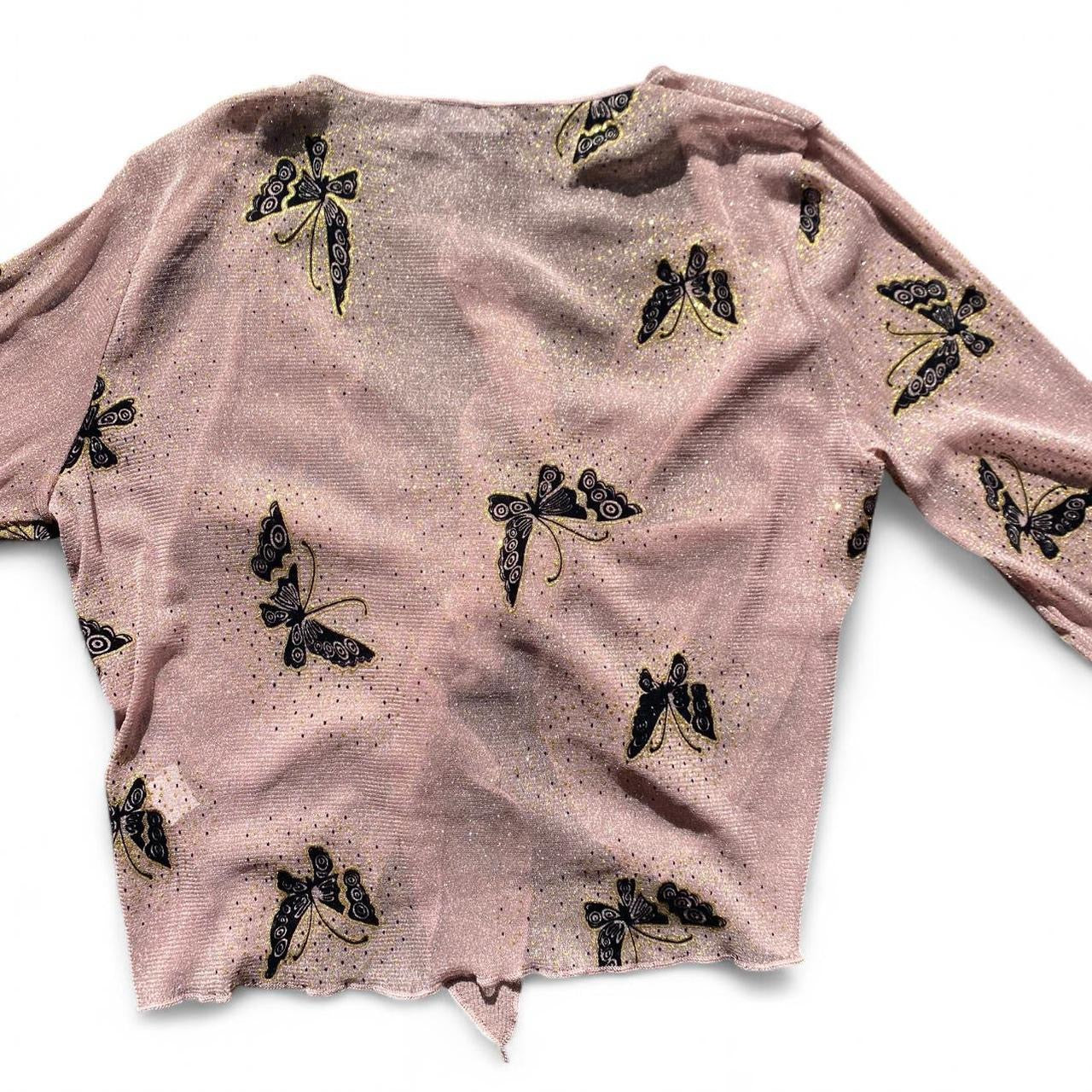 Y2K Pink butterfly print sparkly cardigan with tie front