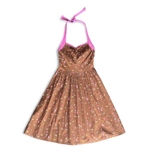 Y2K style brown halter dress with cute butterfly print