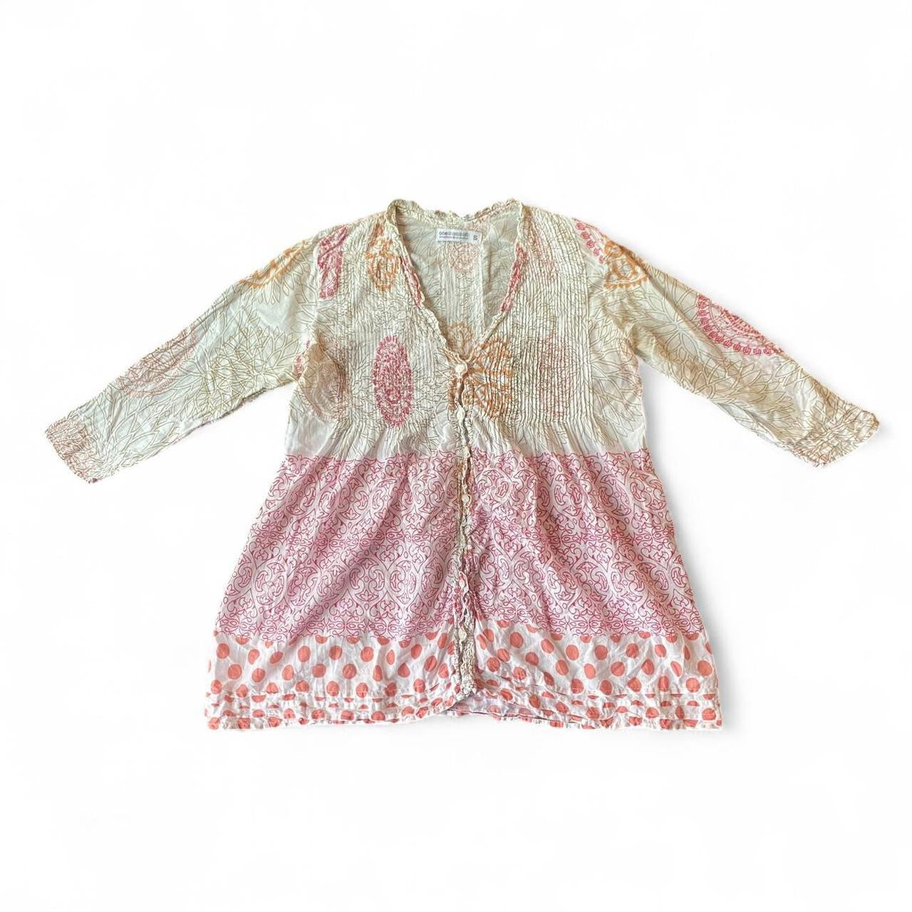 Boho pink and cream paisley print blouse with button up front