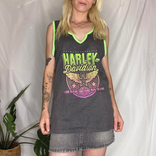 Y2K Harley Davidson grey/green/pink tank top