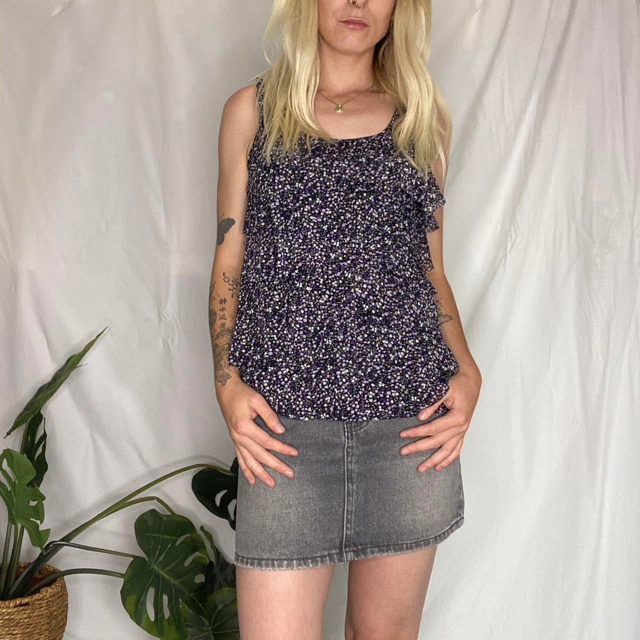 Y2K purple floral ruffle mesh top